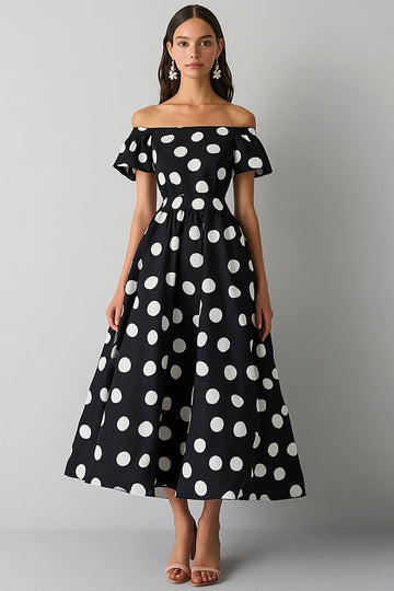 Boho Black and White Satin A Line Off the Shoulder Maxi Polka Dot Dress